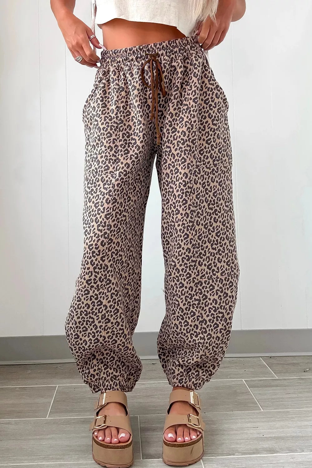 Leopard Print Elastic Waist Ankle Length Pants