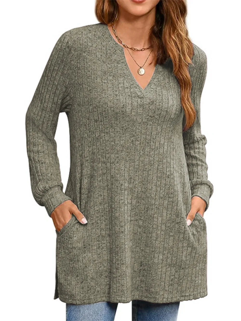 Ribbed Notched Long Sleeve T-Shirt
