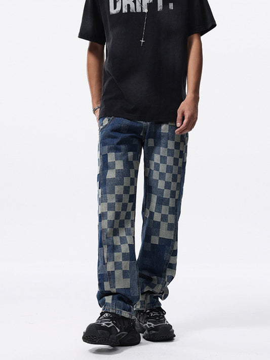 Men's Checkerboard Pattern Relaxed Fit Jeans