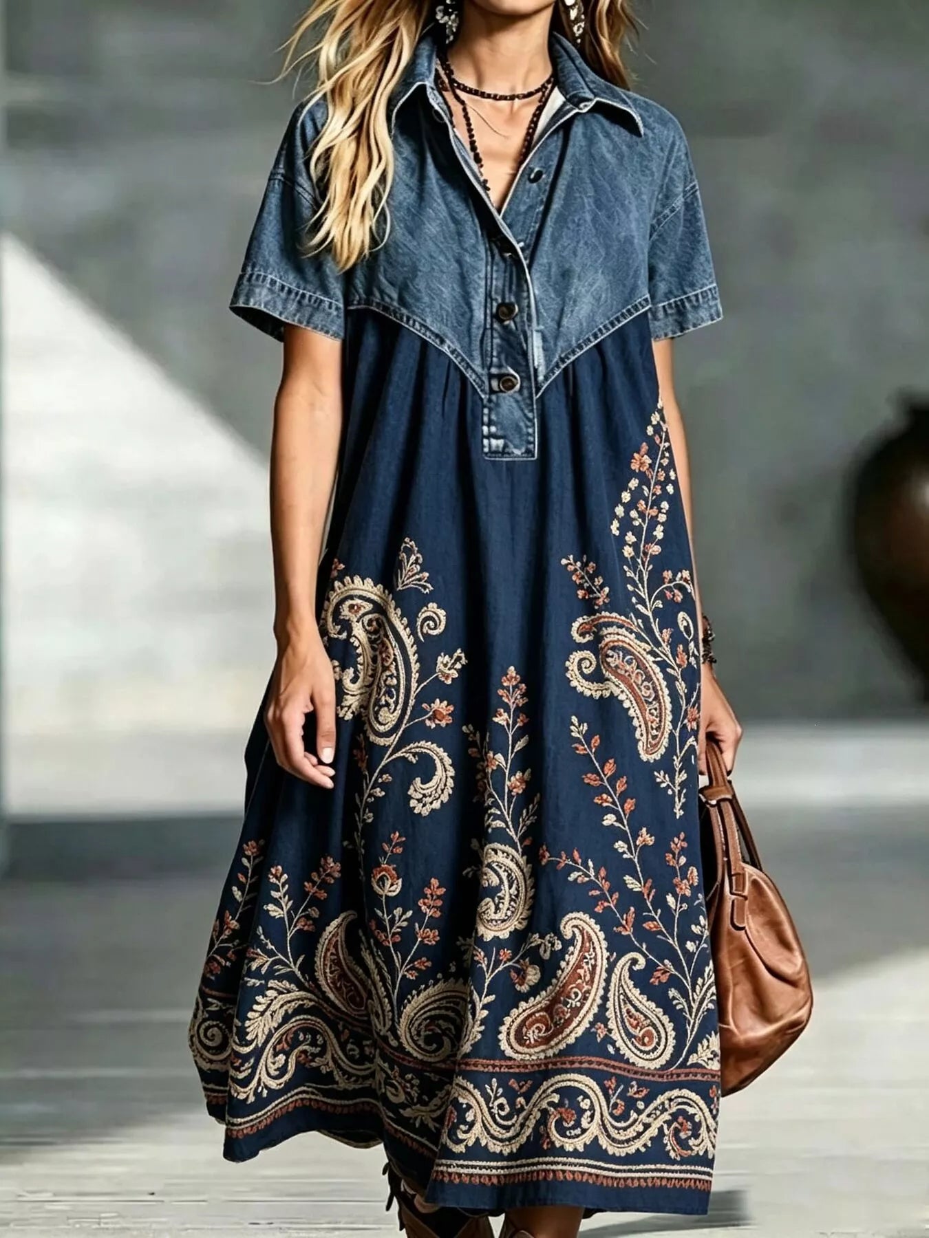 Full Size Denim Patchwork Printed Shirt Dress Plus Size