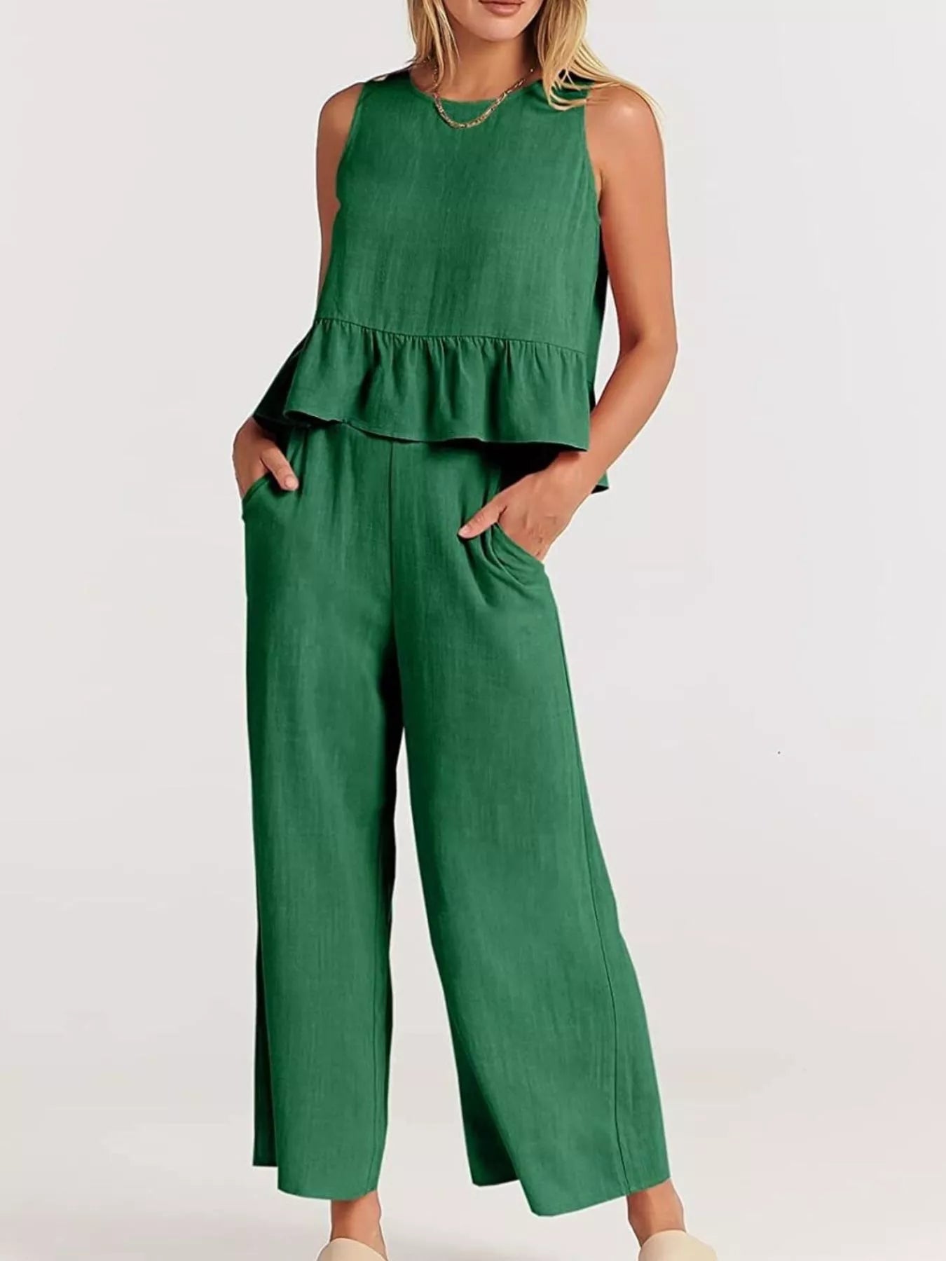 Full Size Ruffled Hem Sleeveless Top and Wide-Leg Pants Set Plus Size