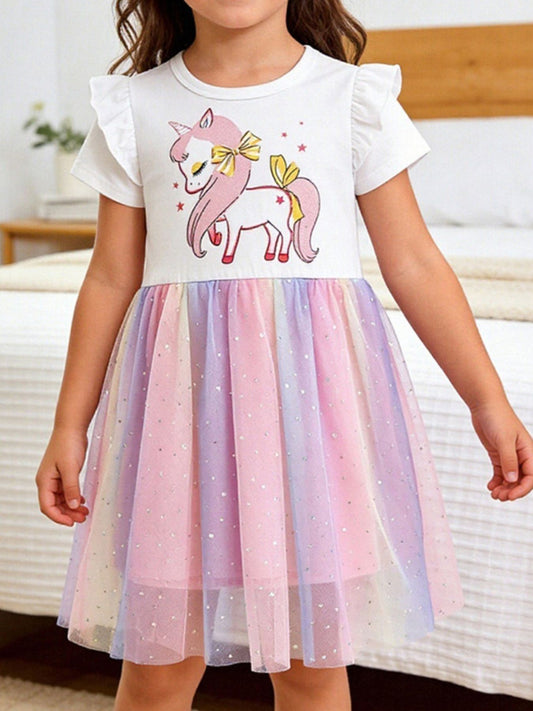 Children's Unicorn Graphic Rainbow Tulle Dress