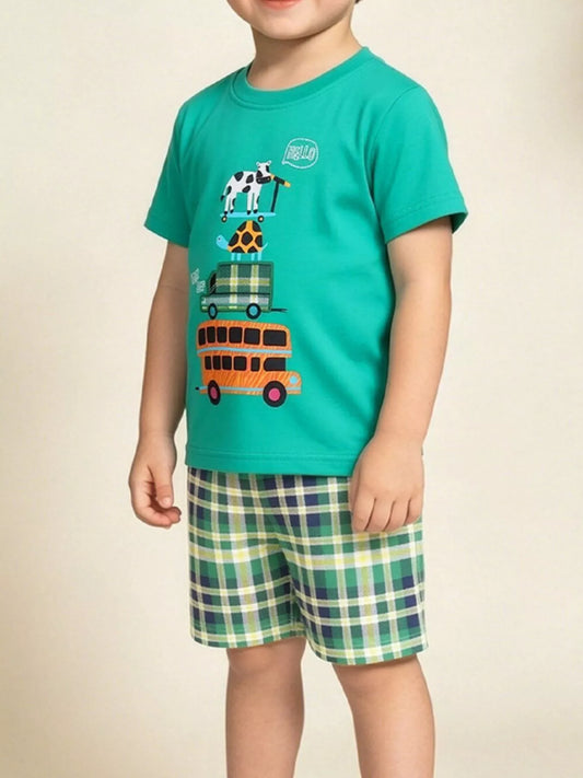 Children's Playful Vehicle Print T-shirt and Plaid Shorts Set