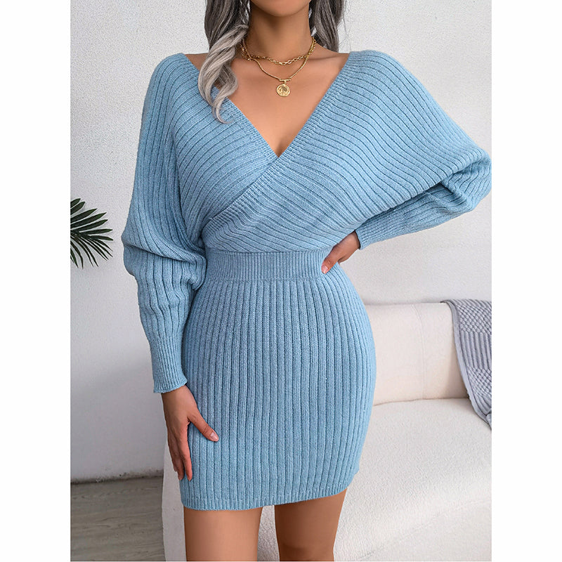 Women's Batwing Sleeve Sweater Dress - Sexy Off The Shoulder V-Neck Mini Dress, Solid Color (See size chart where applicable)
