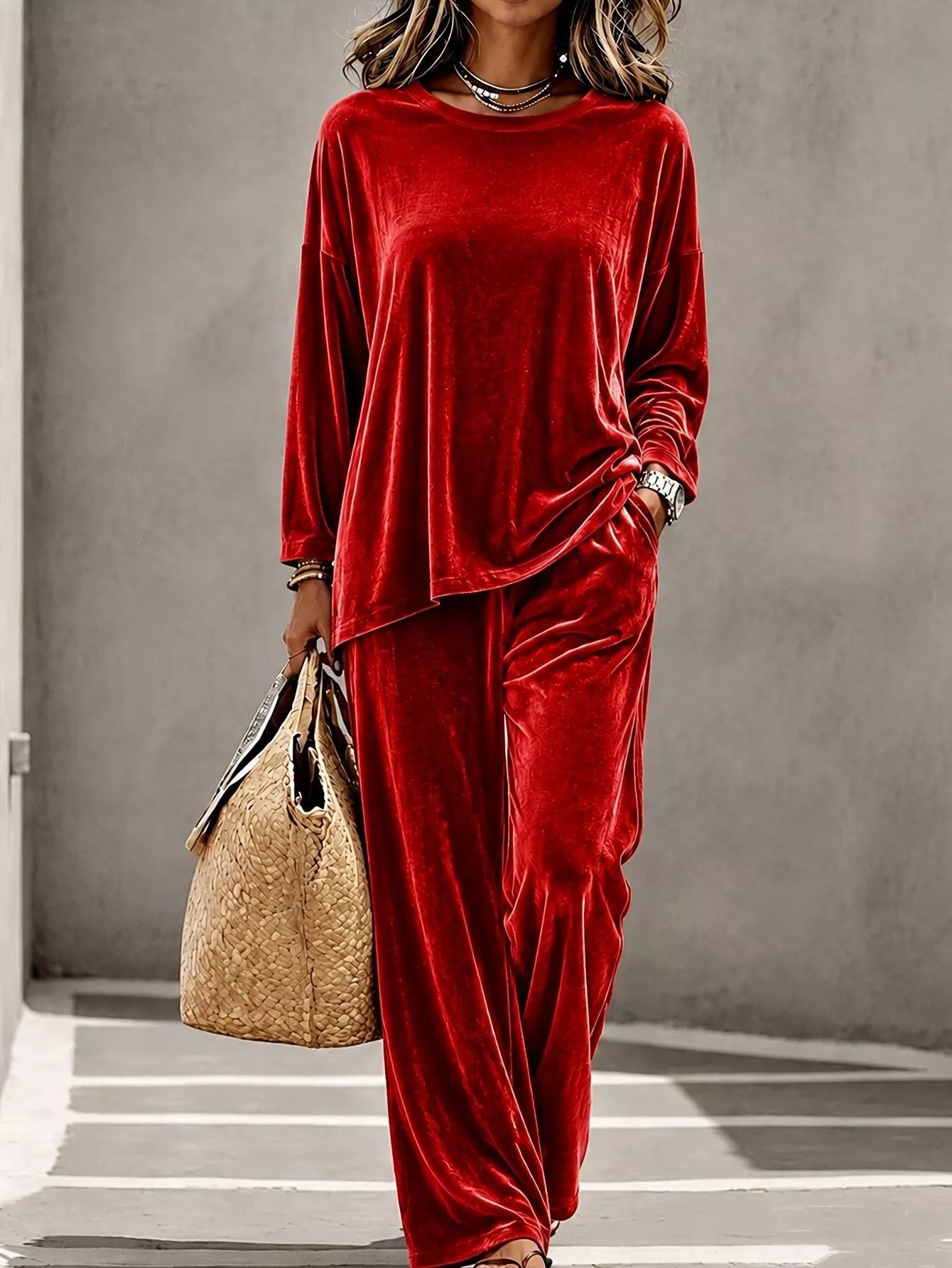 Full Size Velvet Long Sleeve Top and Pants Set Plus Size