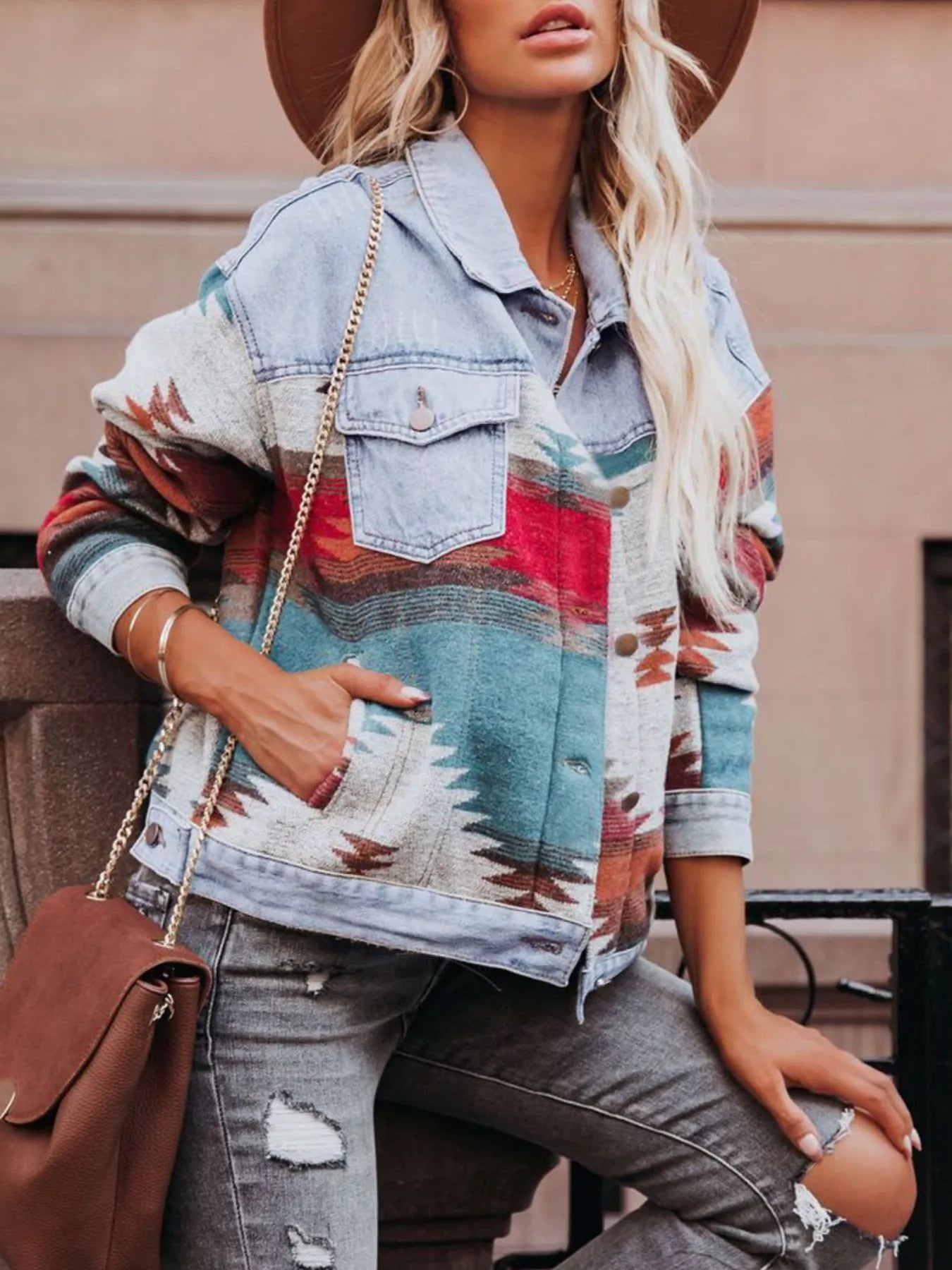 Geometric Print Denim Jacket