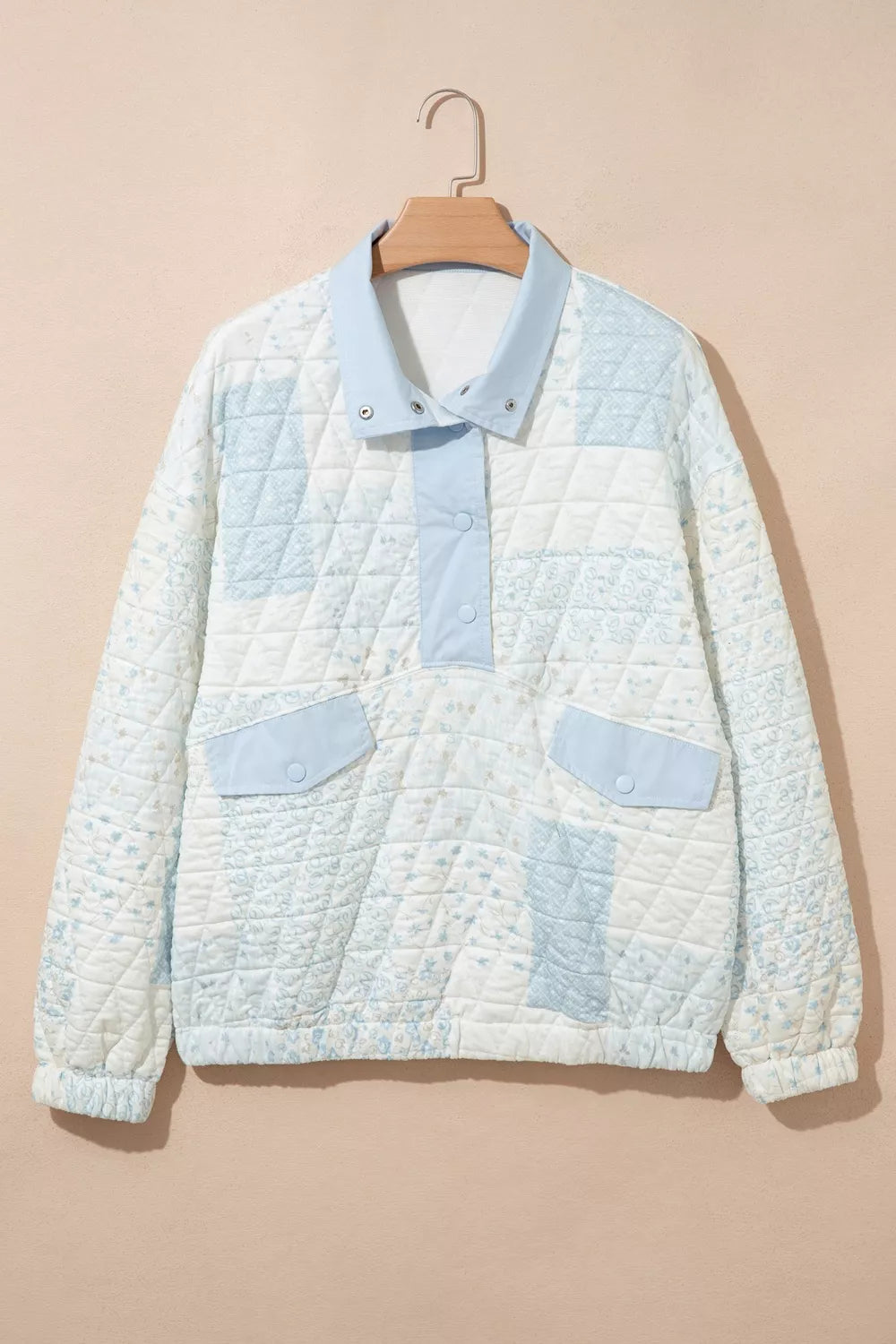 Patchwork Quilted Snap-Neck Sweatshirt