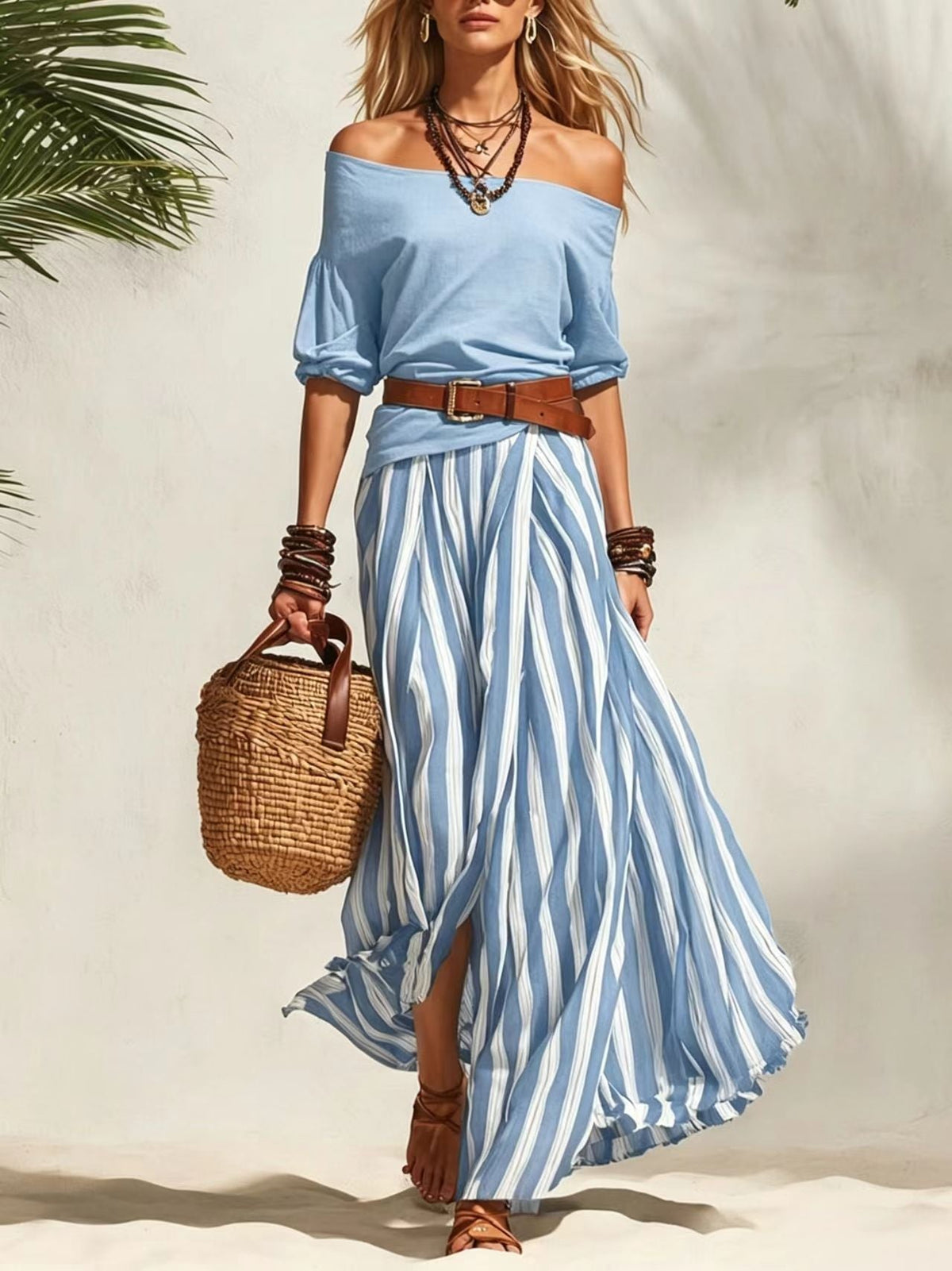 Women's One-Shoulder Bubble Sleeve Top & Stripe Skirt 2-Piece Set