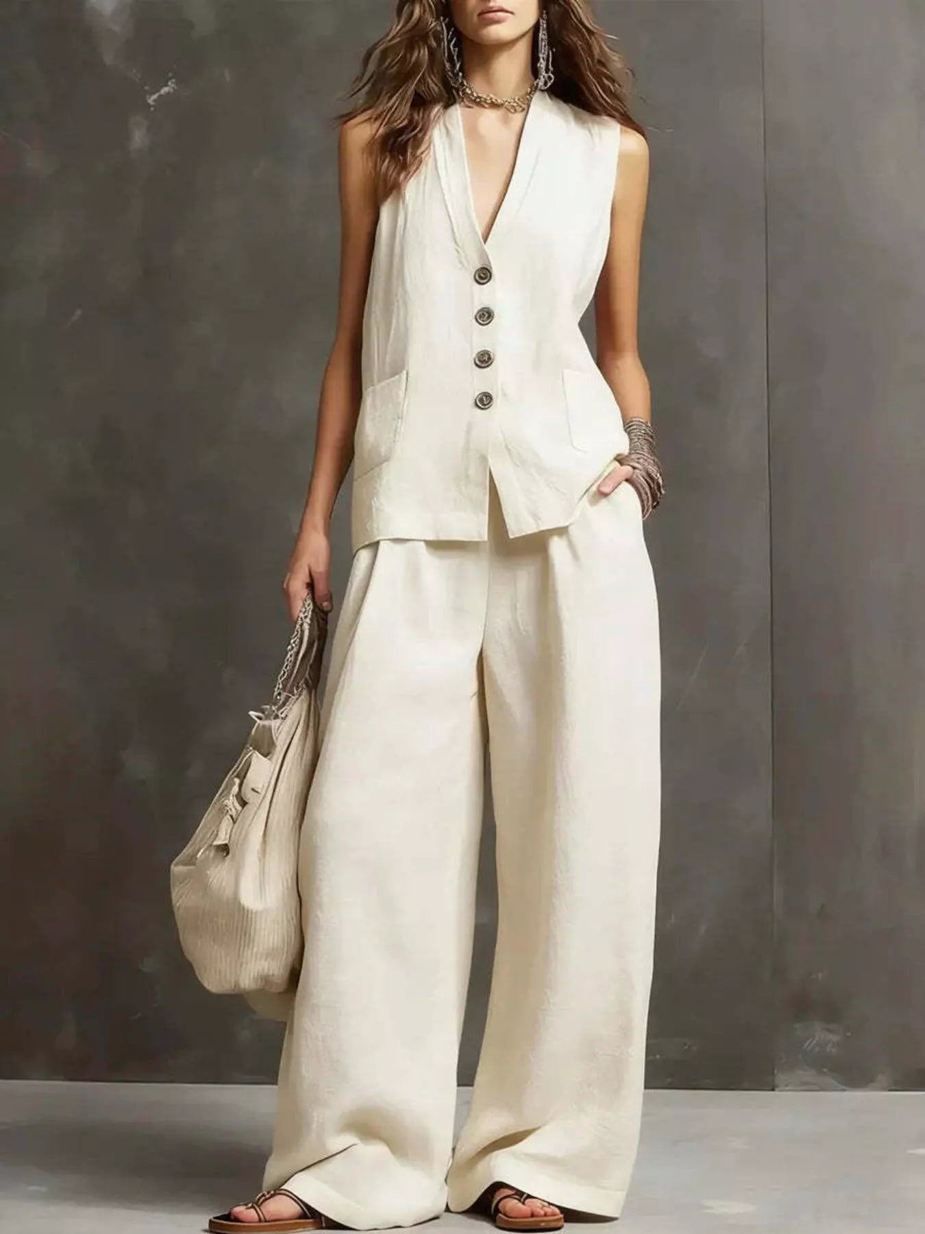 Full Size Sleeveless Vest and Wide-Leg Pants Set Plus SIze