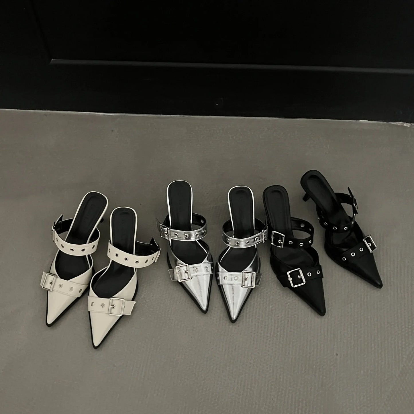 Point Toe Flare Heel Buckle Sandals