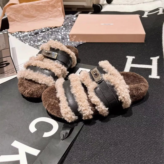 Fuzzy Buckle Accent Plush Slippers