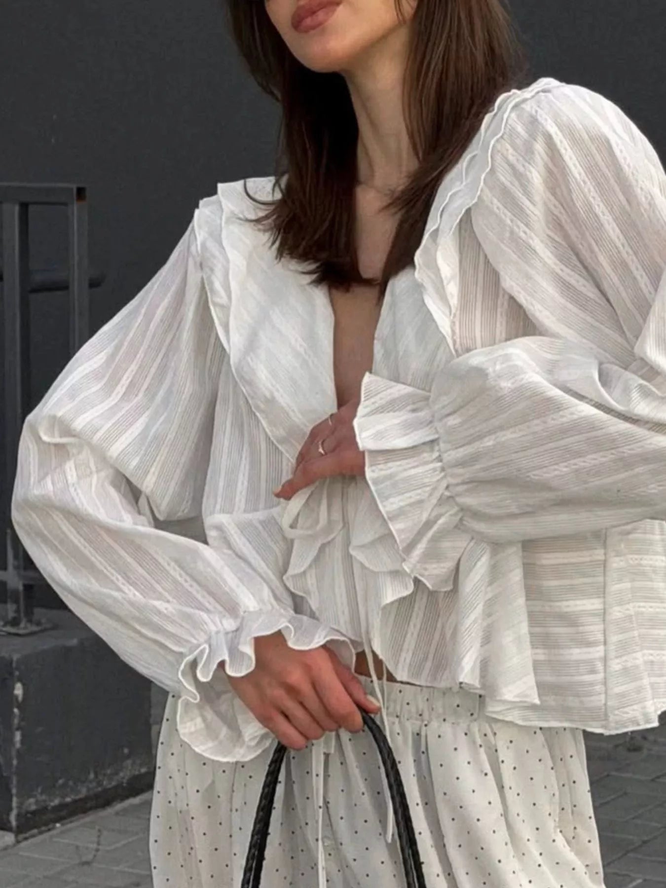 Ruffled Striped Flounce Sleeve Blouse