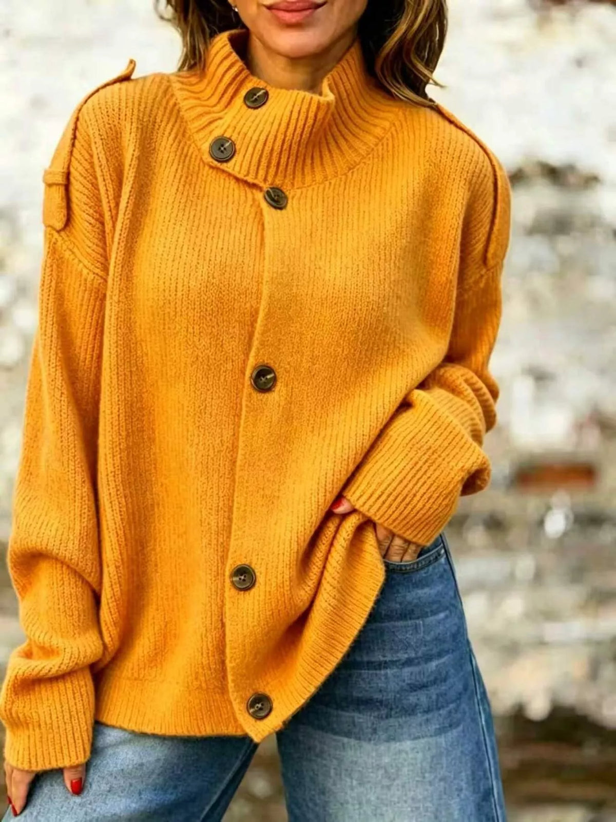 Full Size Button-Up Mock Neck Cardigan Plus Size
