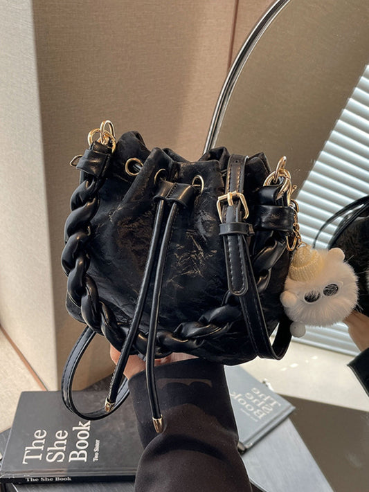 Chunky Chain Trim Drawstring Bucket Crossbody Bag