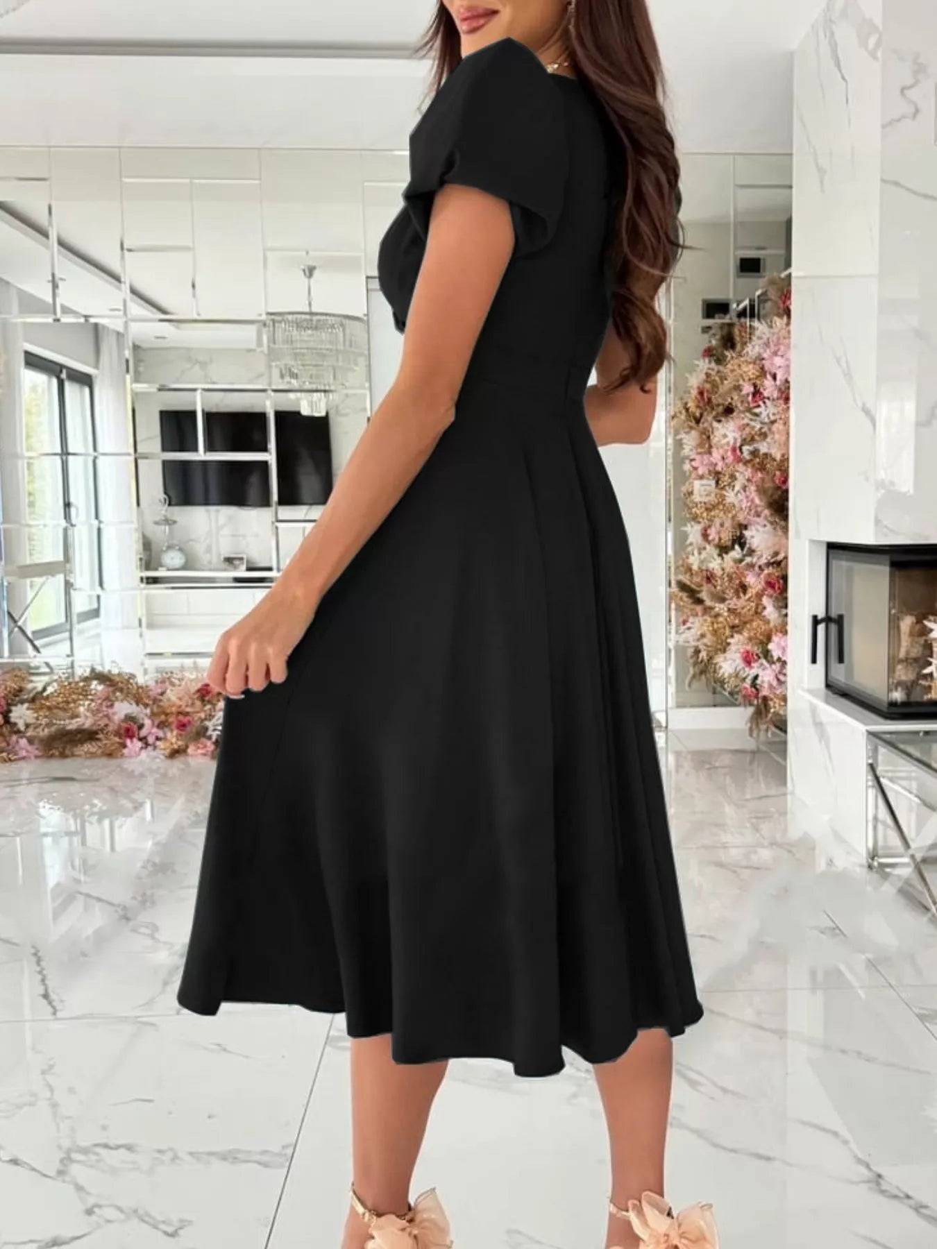 Surplice Puff Sleeve Midi Dress