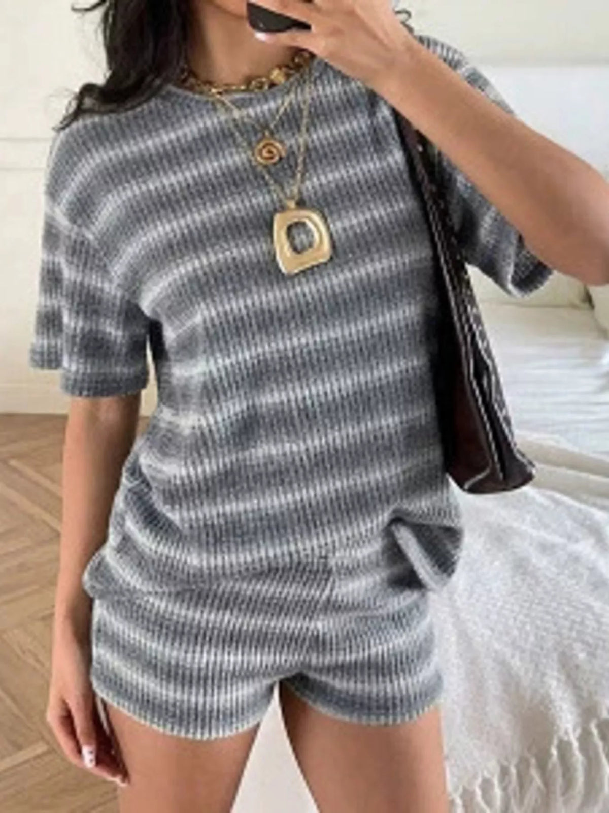 Striped Textured Knit Top and Shorts Set