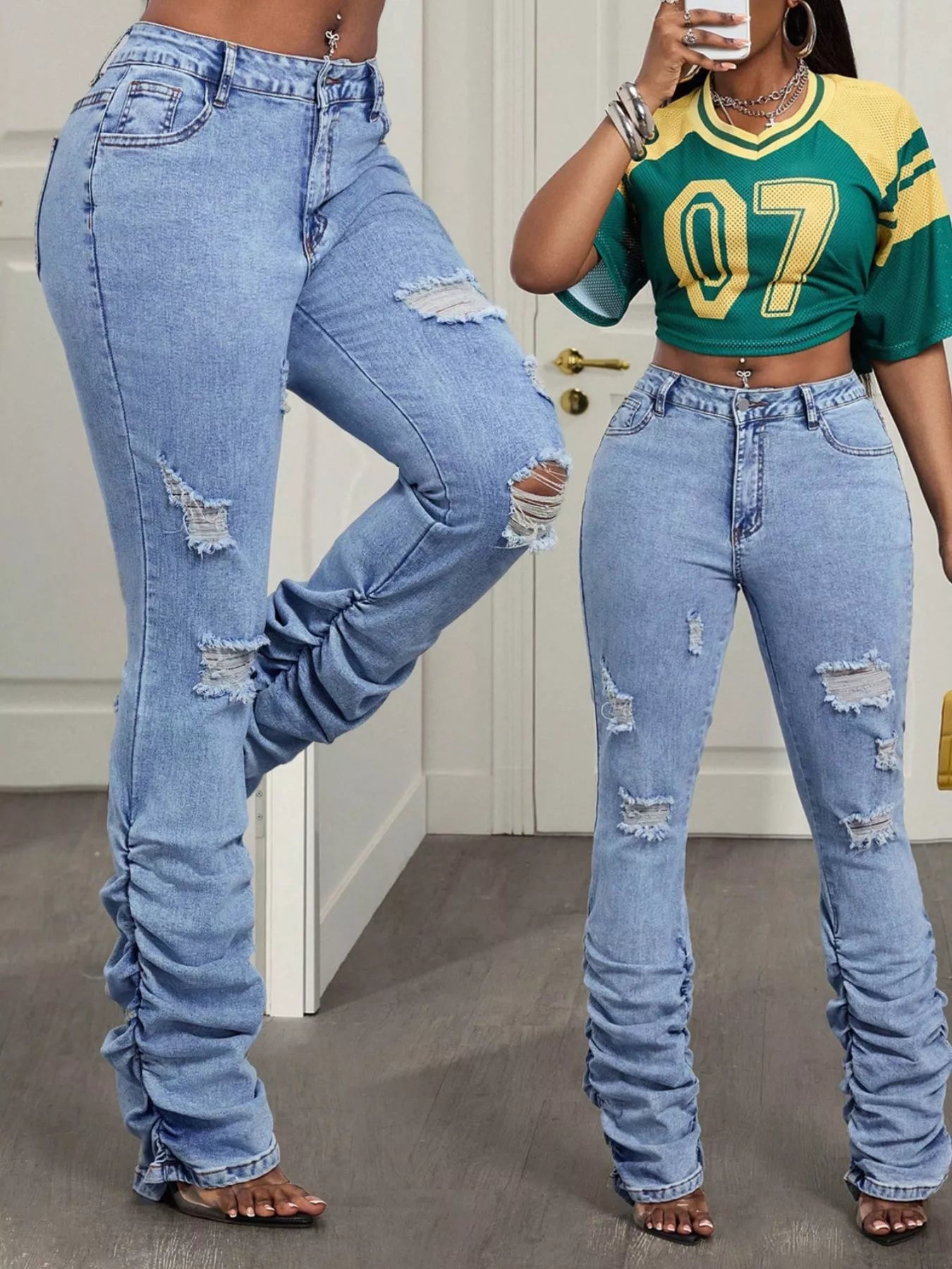 High-Waisted Distressed Stacked Hem Jeans