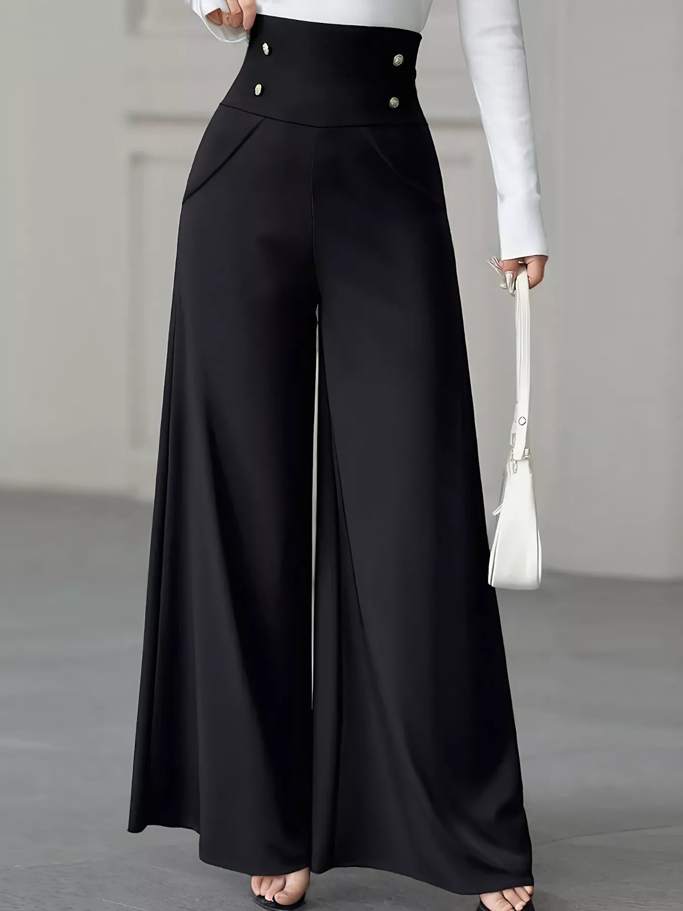 High Waist Wide Leg Button Decor Pants