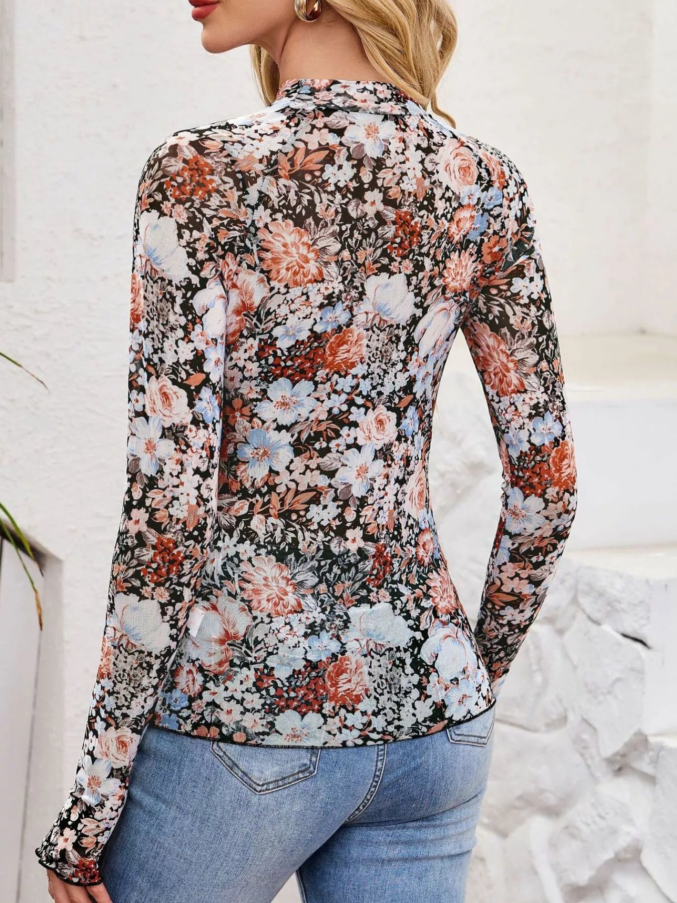 Sheer Mock Neck Long Sleeve Top