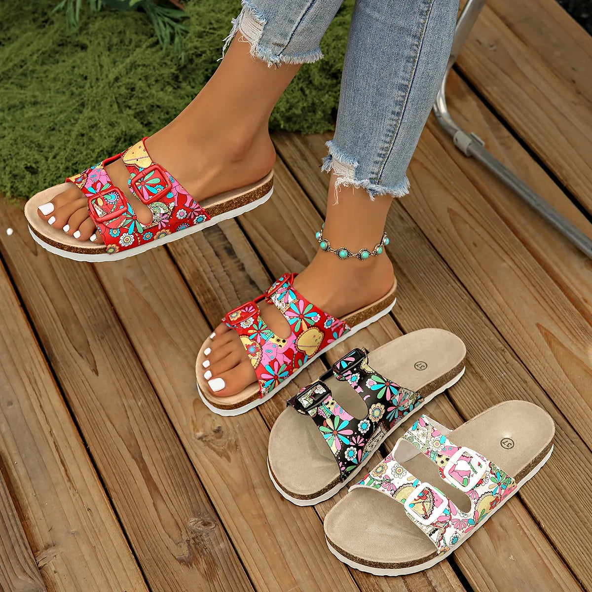 Printed Double Buckle Sandals