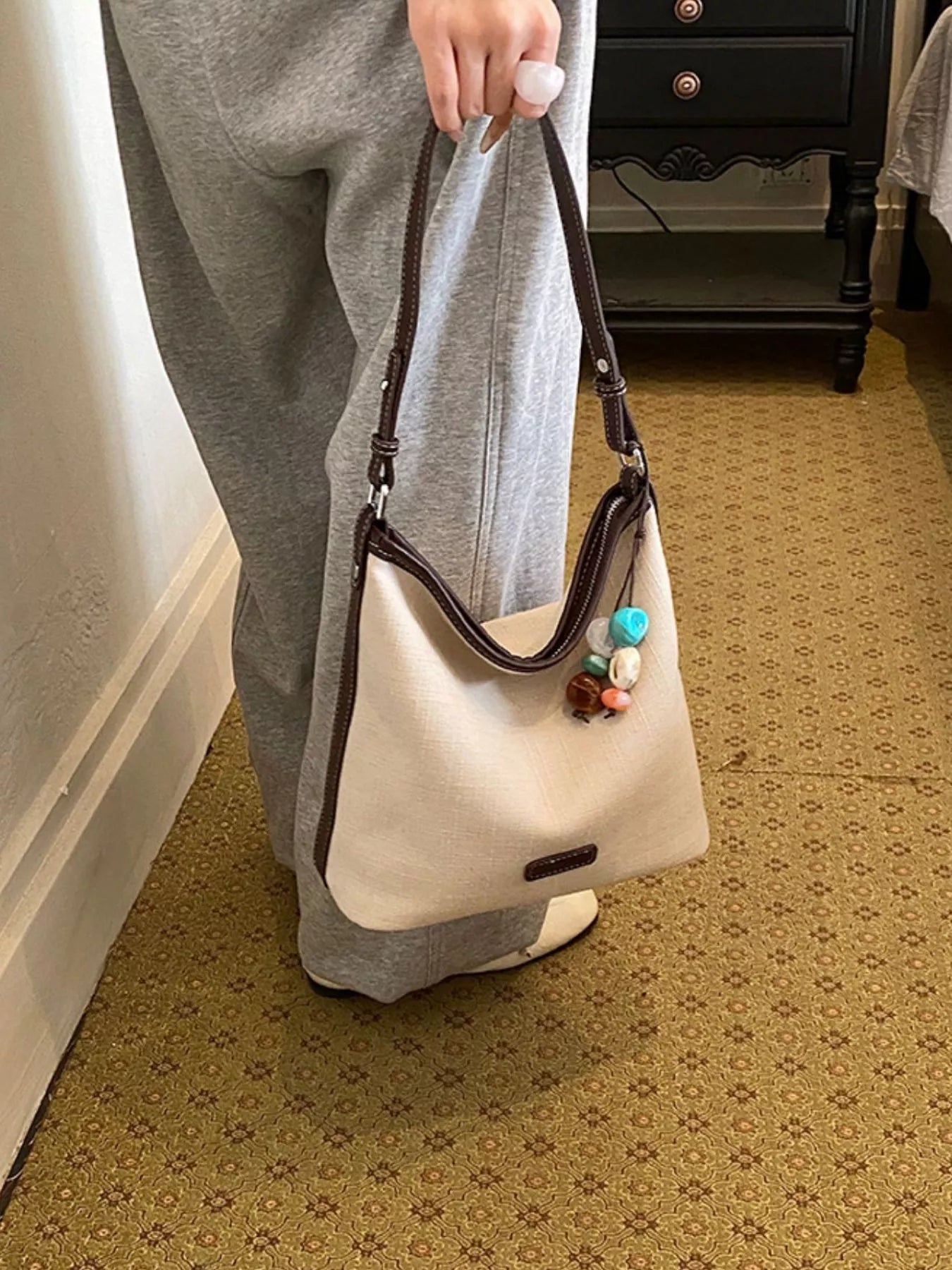 Casual Shoulder Bag with Decorative Charm