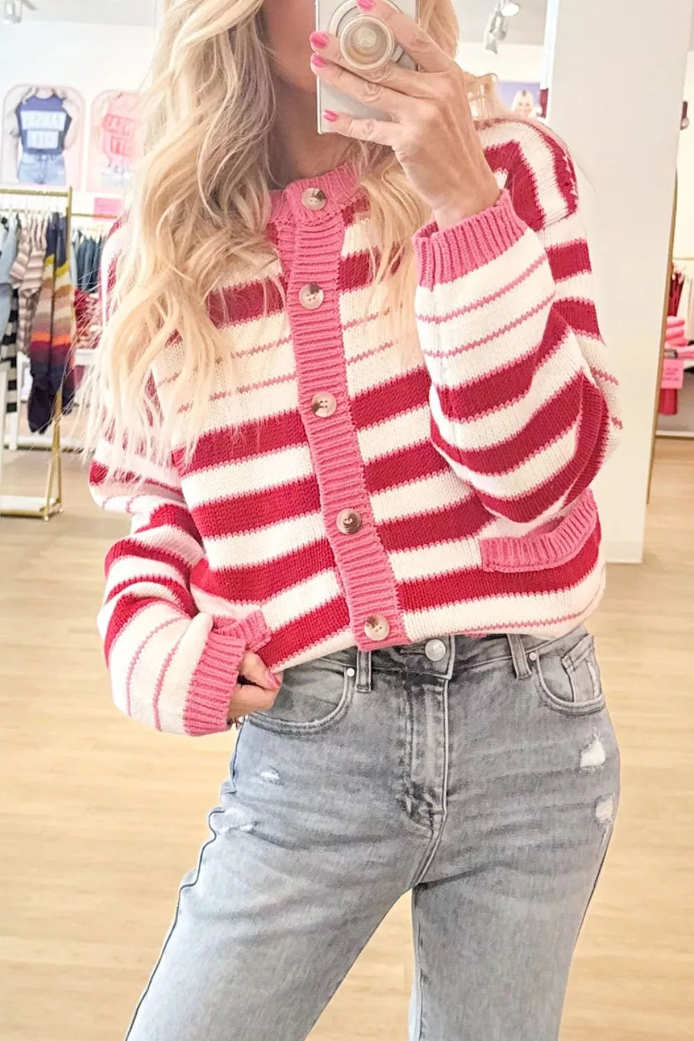 Stripe V Neck Long Sleeve Regular Fit Cardigan