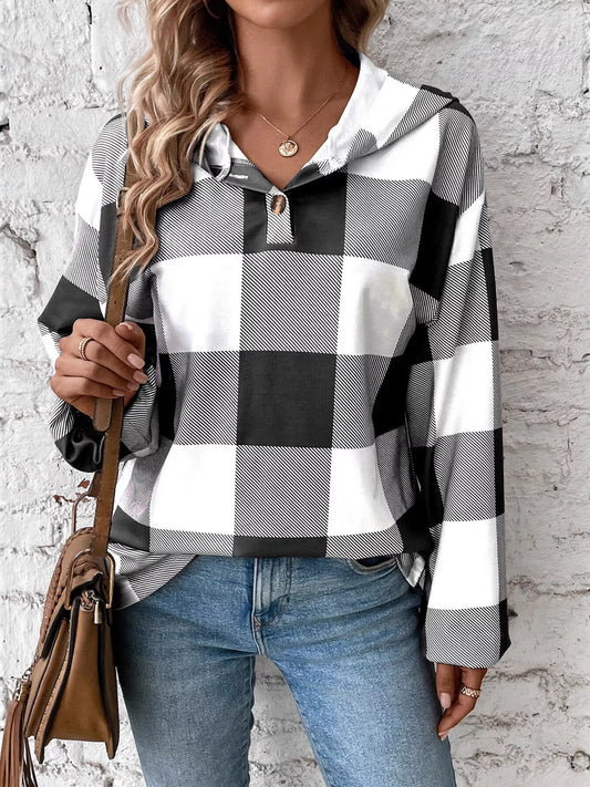 Casual Plaid Button Detail Hoodie
