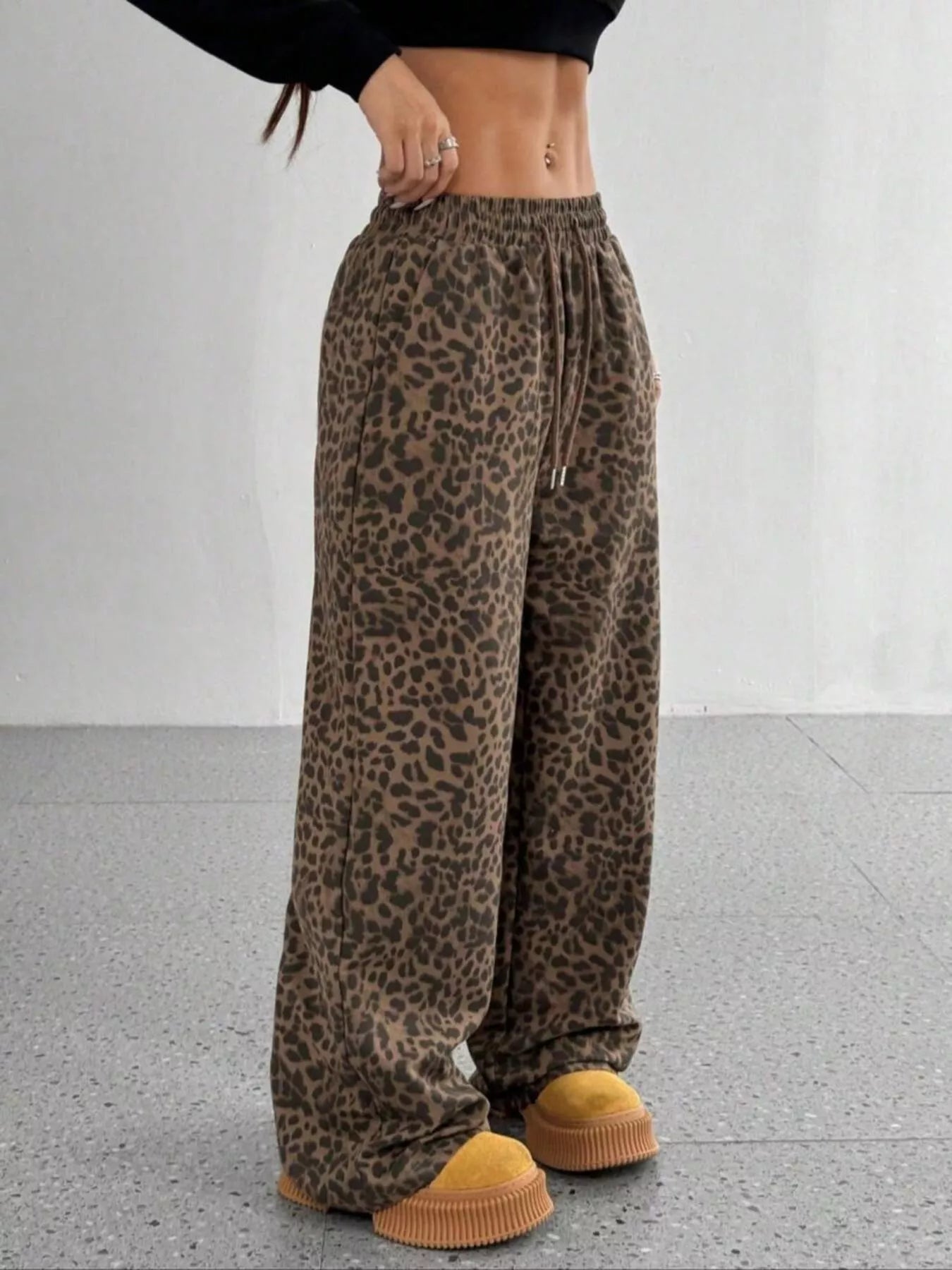 Leopard Drawstring Wide Leg Pants