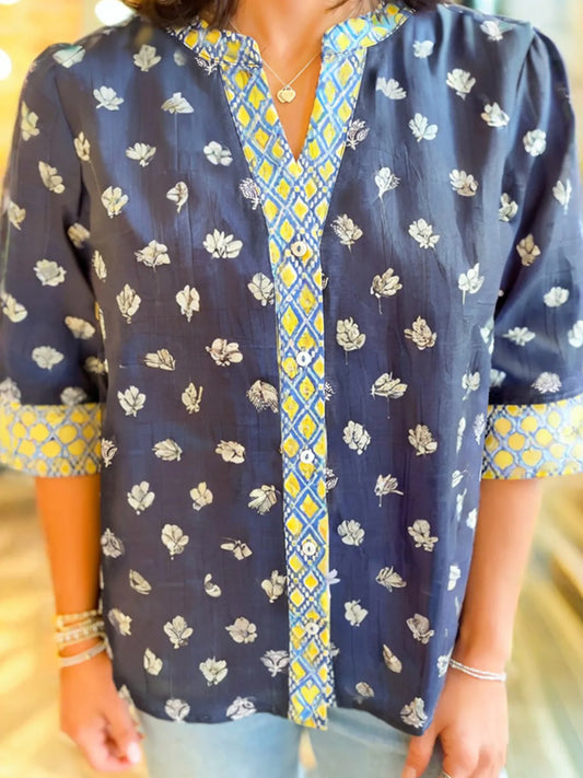 Floral Print Half Sleeve Contrast Trim Blouse