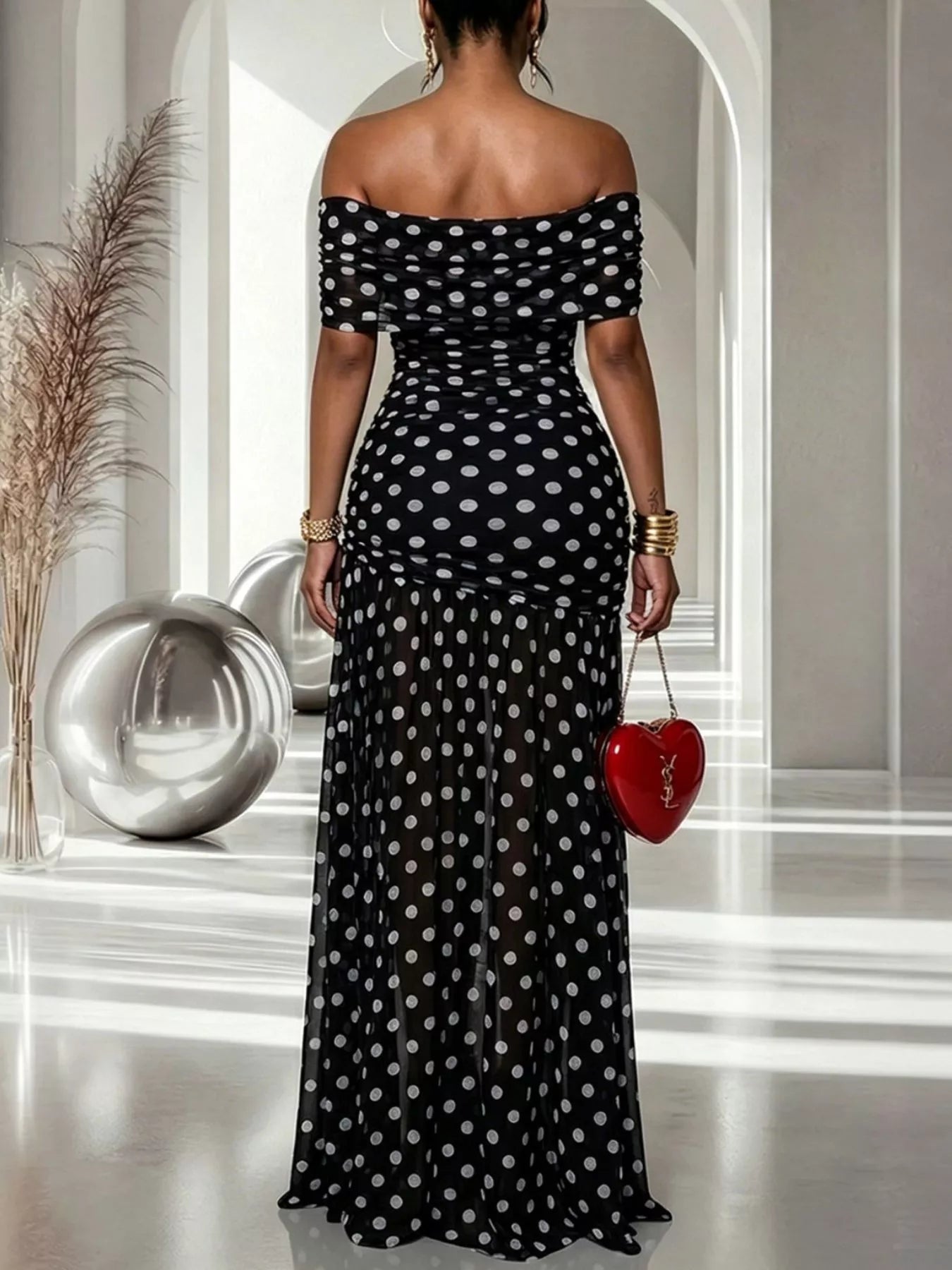 Polka Dot Off Shoulder Slit Maxi Dress