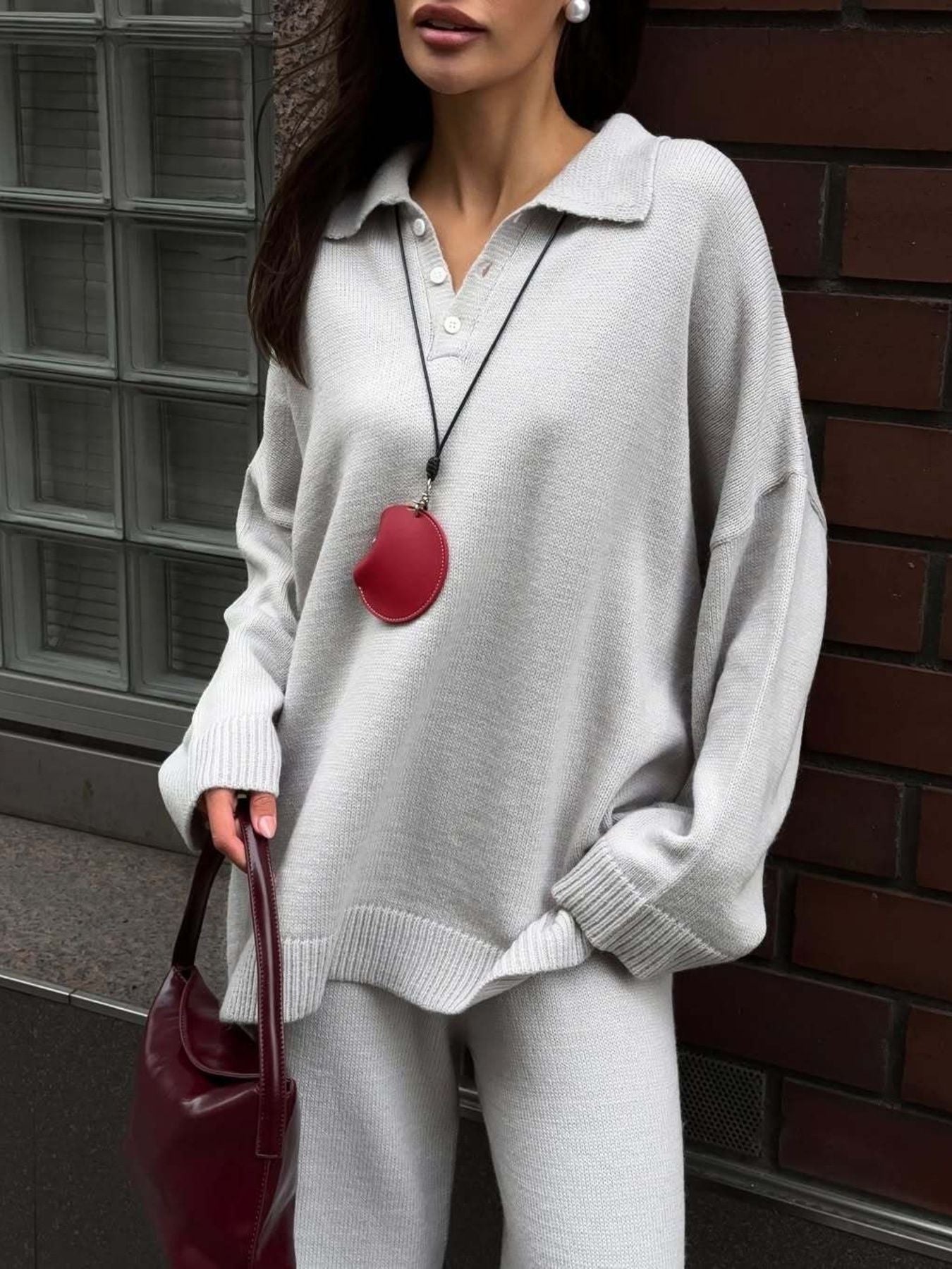Polo Collar Top and Wide Leg Pants Knit Set