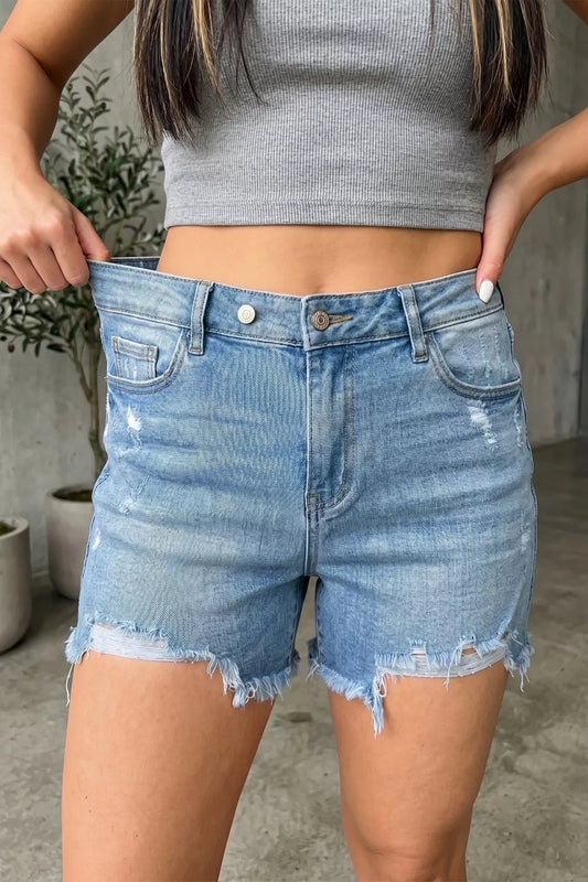 Asymmetric Raw Hem Distressed Whiskery Denim Shorts