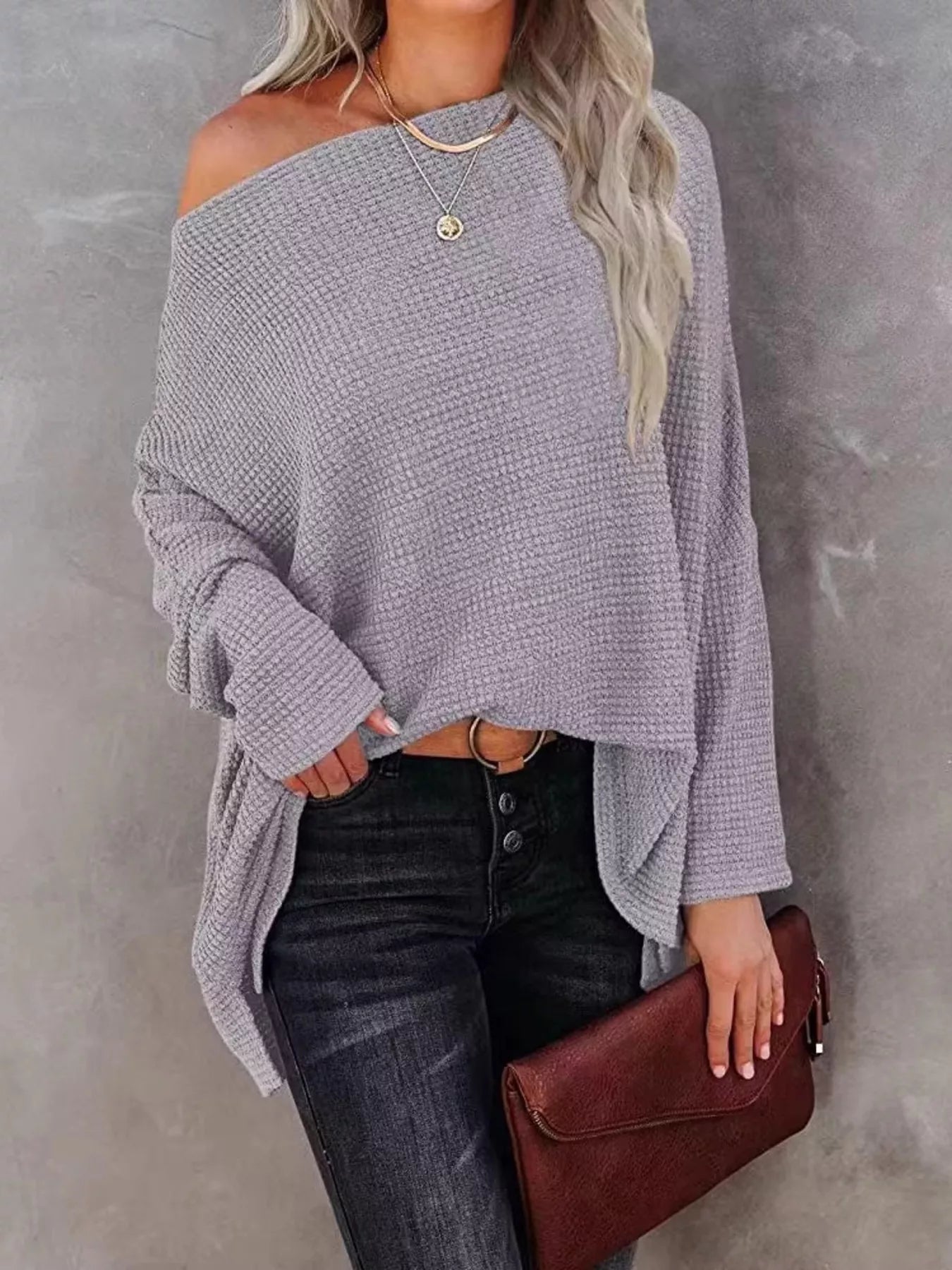 Boat Neck Waffle Knit Top