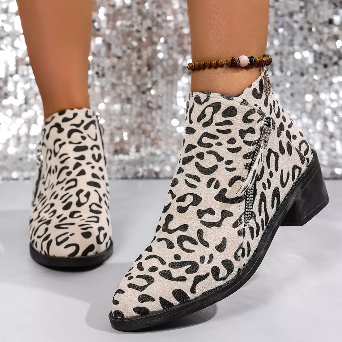 Leopard Block Heel Ankle Boots