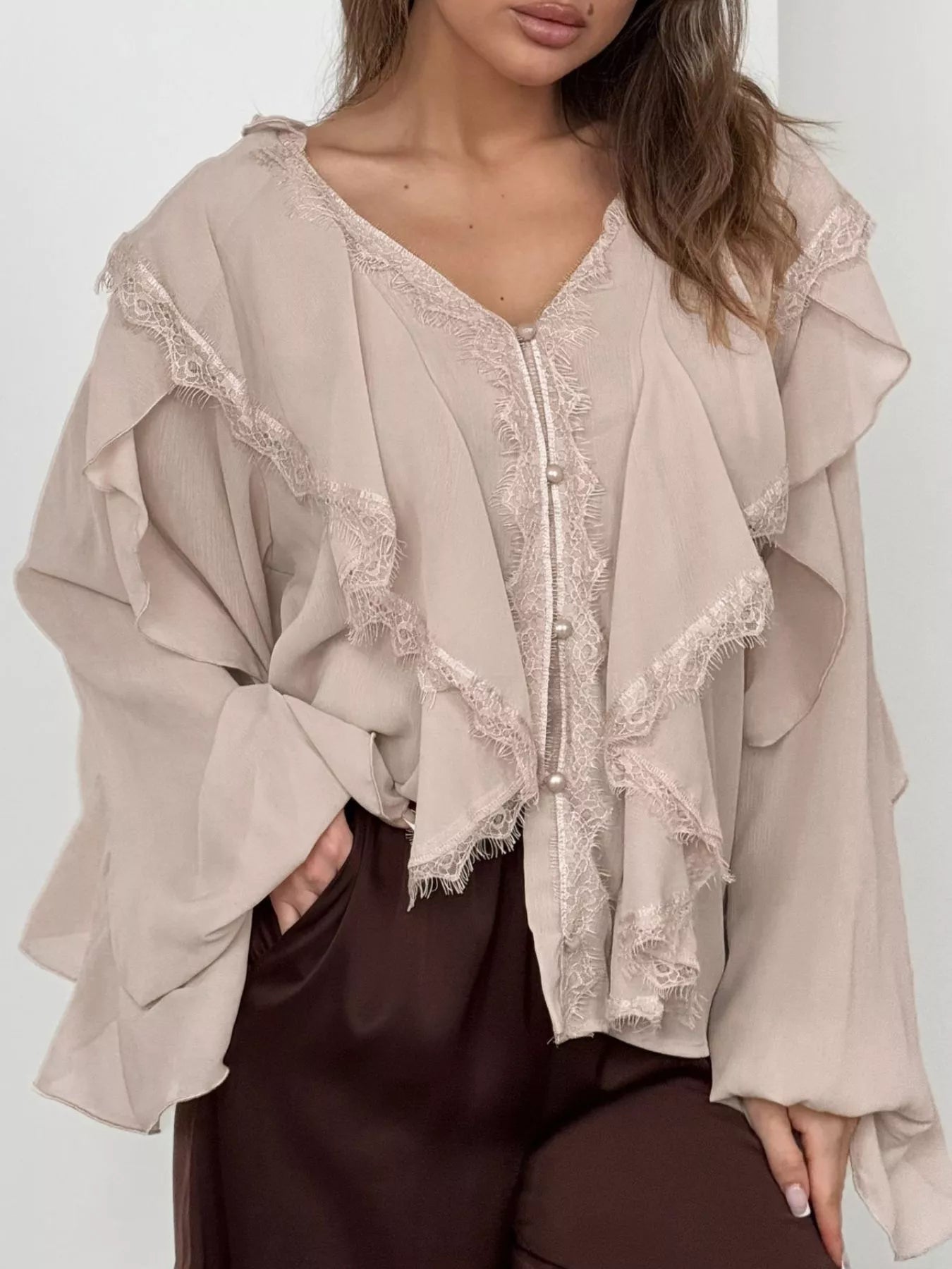 V-Neck Ruffled Lace Trim Blouse