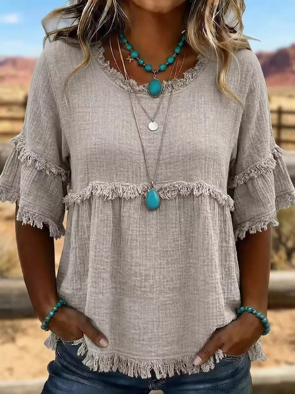 Full Size Frayed Edge Textured Blouse Plus Size