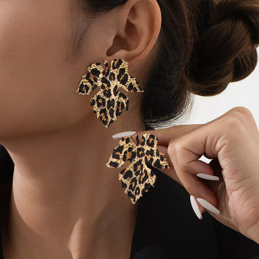 Alloy Leopard Print Leaf Earrings