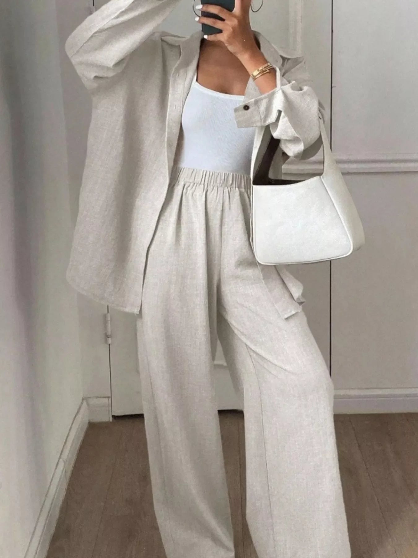 Button Up Long Sleeve Shirt and Wide Leg Pants Set