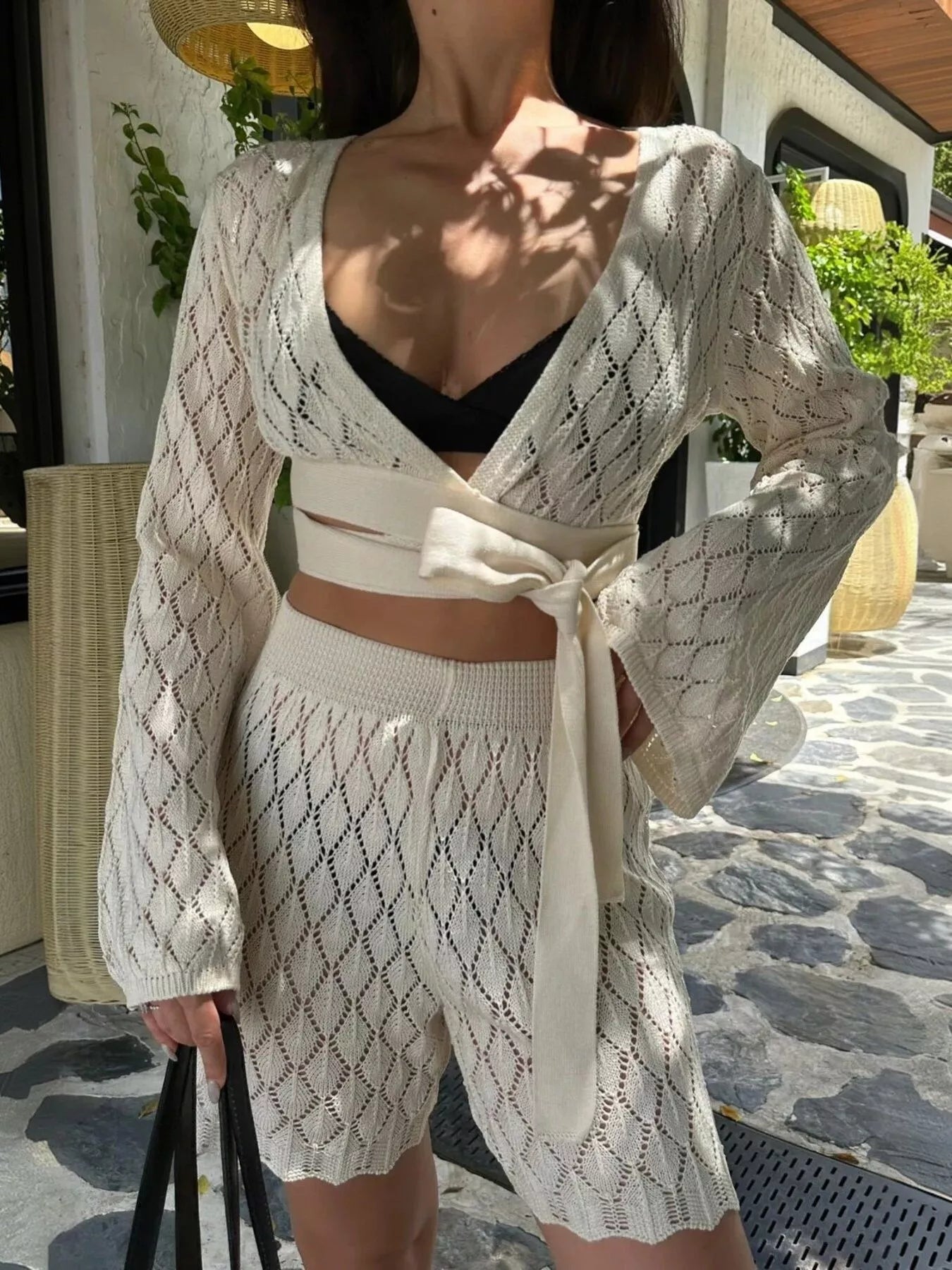 Openwork Long Sleeve Top and Shorts Set