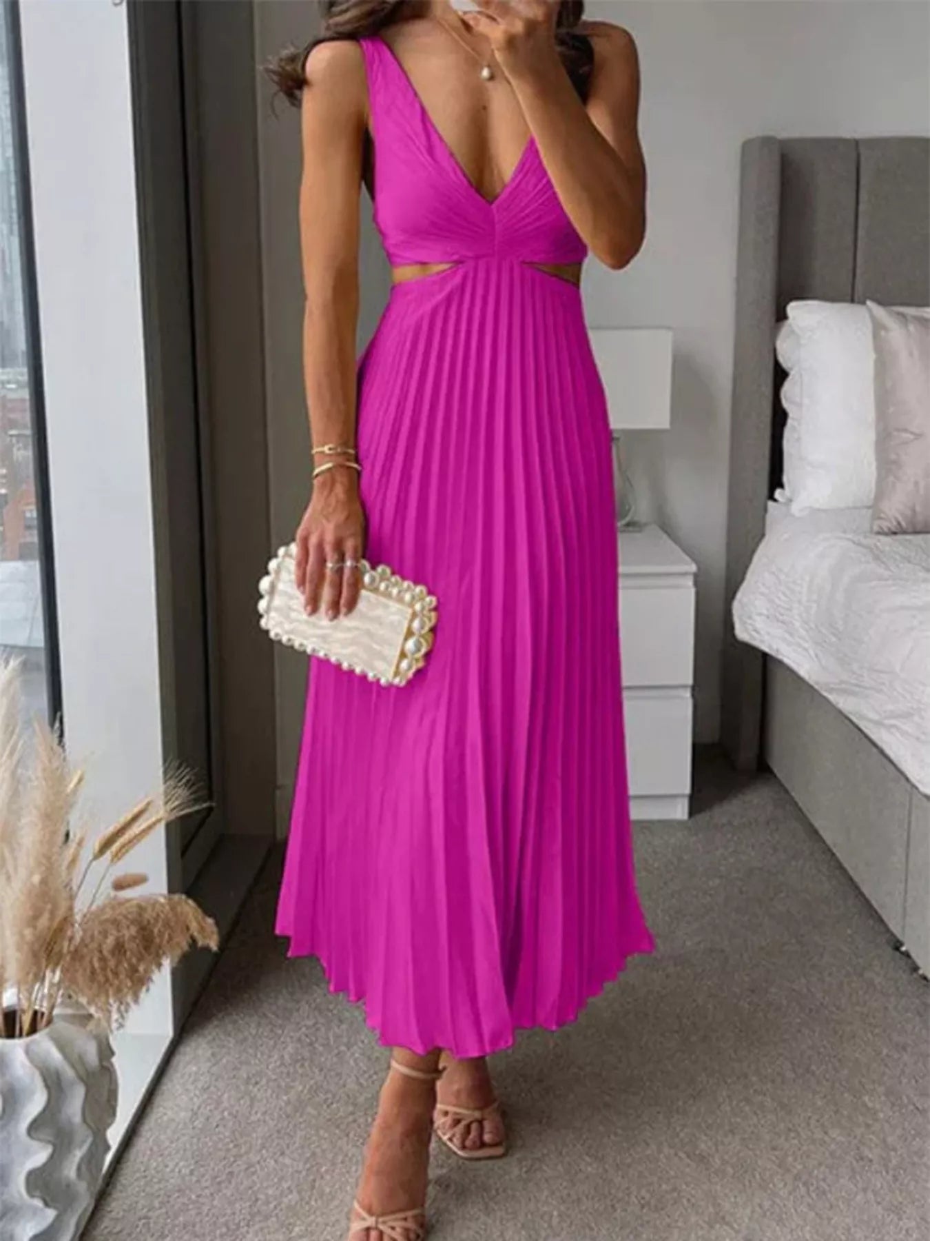 Elegant Pleated Midi Dress with Cut-out Details