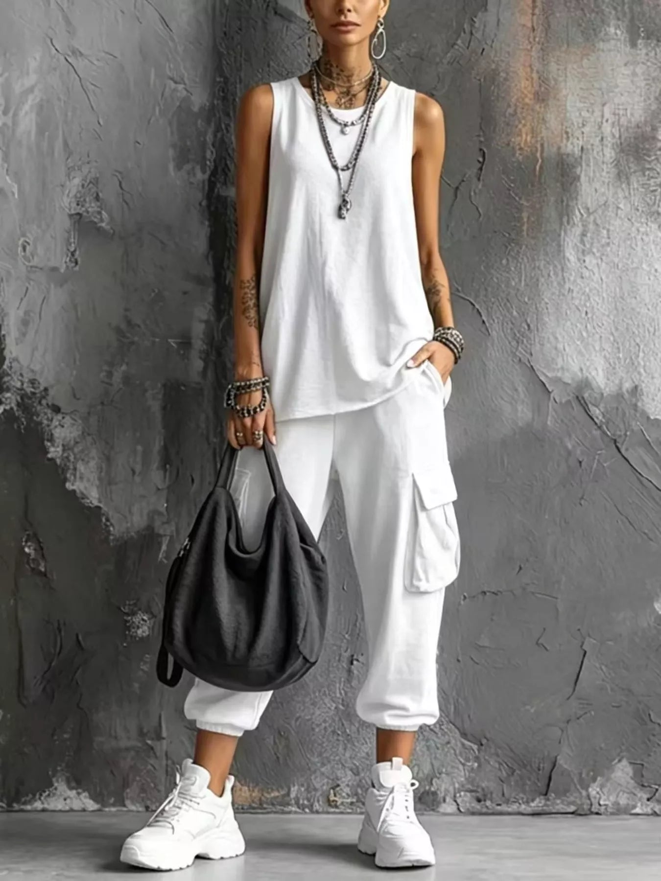 Full Size Casual Tank and Cargo Pants Set Plus Size