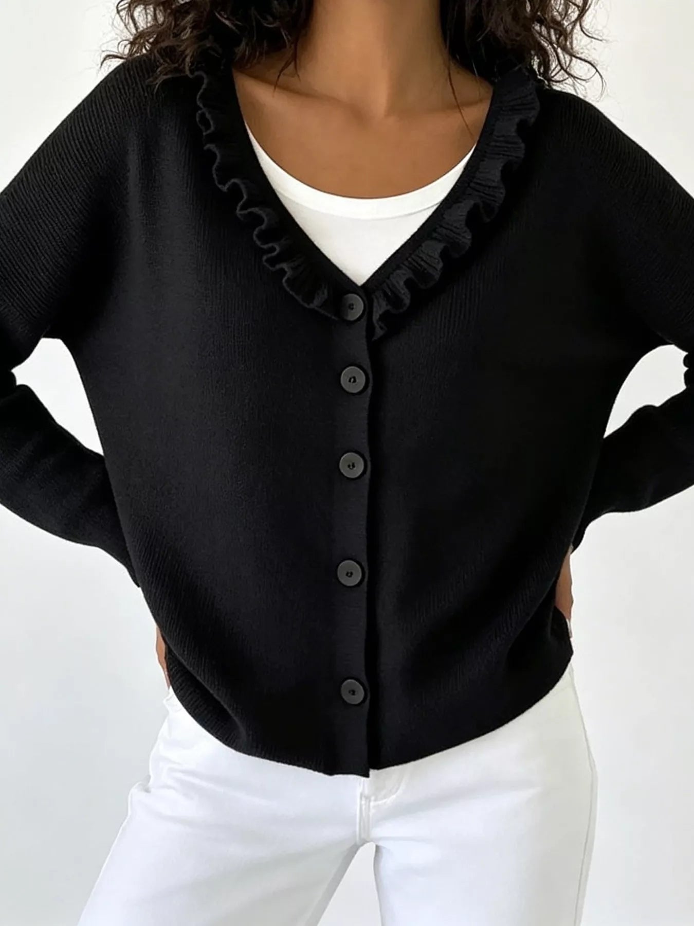 Ruffled Neckline Button-Up Cardigan