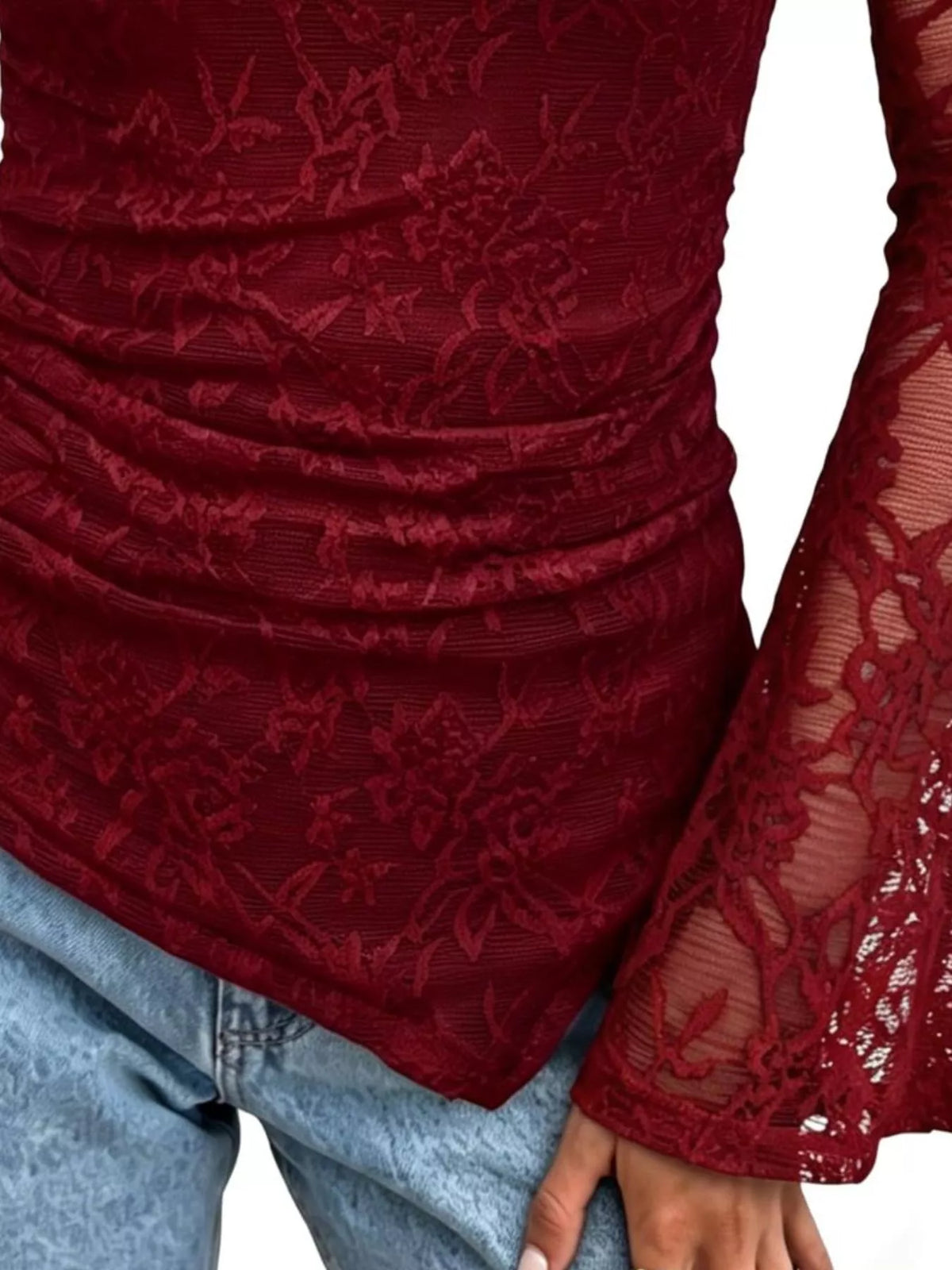 Floral Lace Long Sleeve Blouse with Flared Cuffs