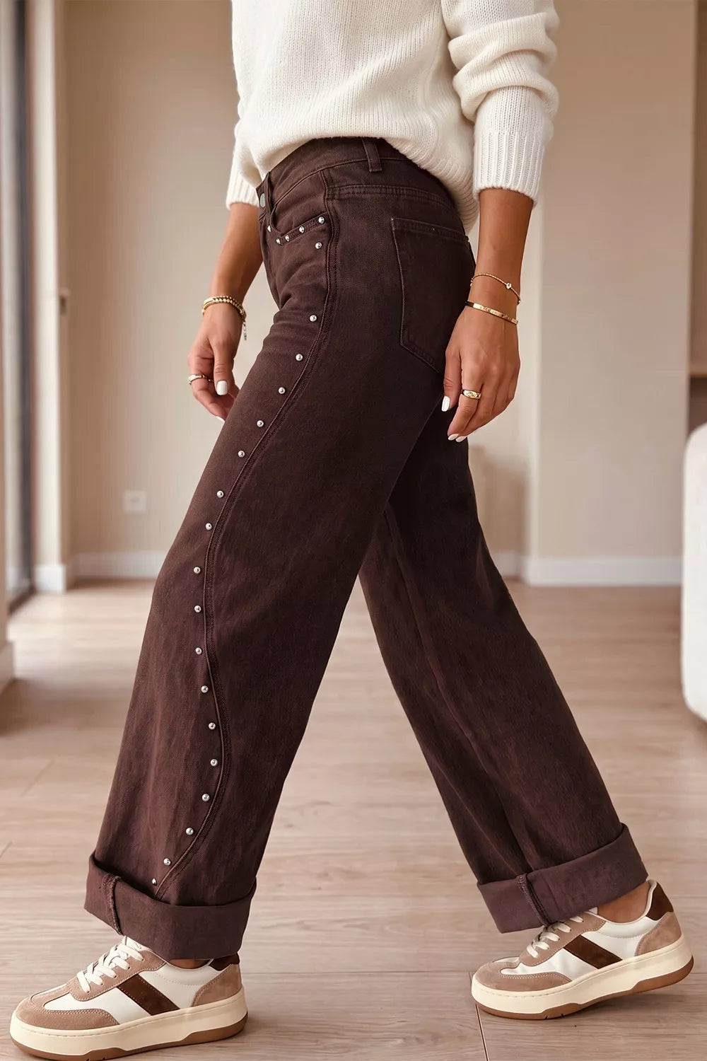 Embellished Wide-Leg Denim Jeans
