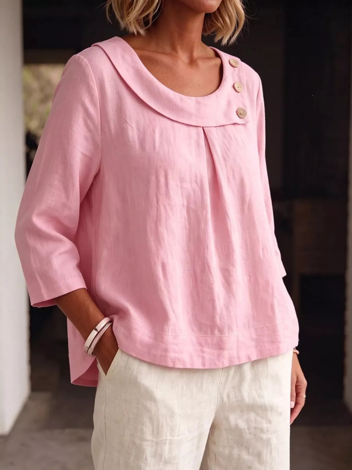 Linen Blend Blouse with Decorative Buttons
