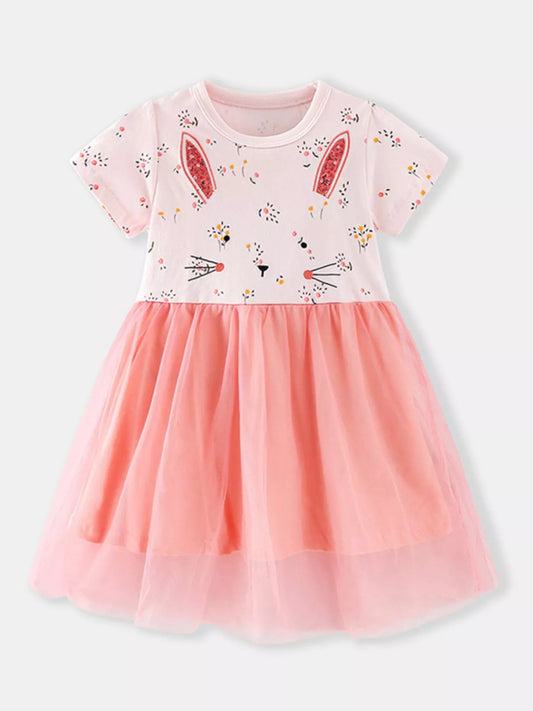 Children's Bunny Floral Print Tulle Dress