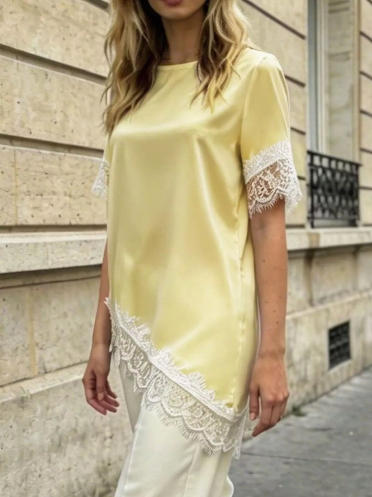 Lace Trim Short Sleeve Satin Top