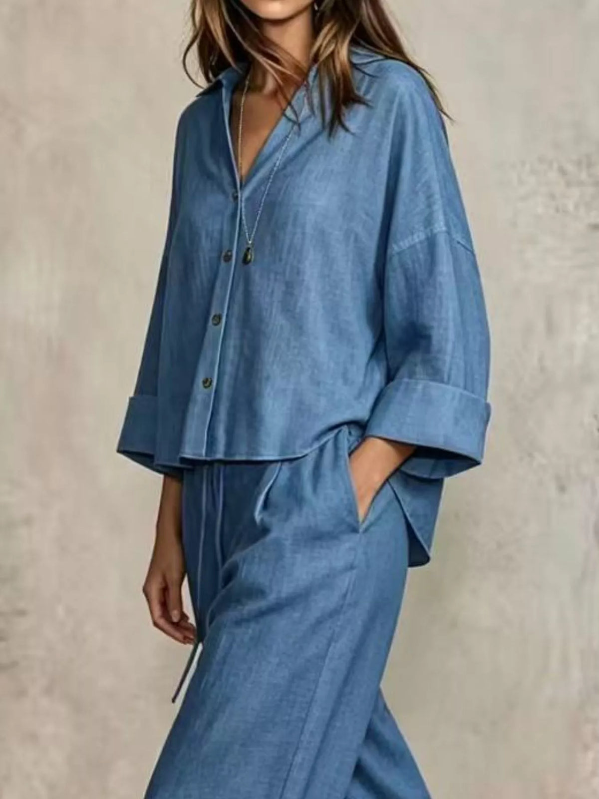 Full Size Button-Down Shirt and Wide-Leg Pants Set Plus Size