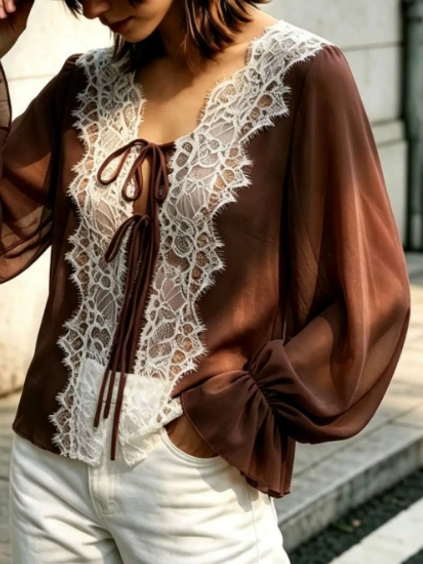 Sheer Lace-Trimmed Front Tie Blouse