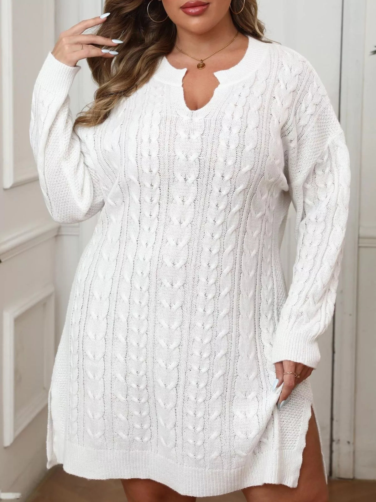 Plus Size Cable Knit Long Sleeve Sweater Dress